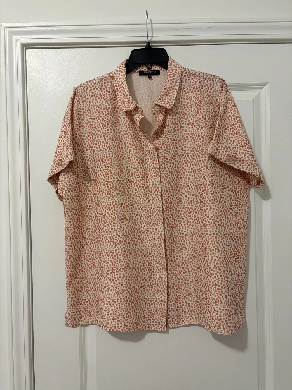 Lafayette 148 Silk Blend Blouse XL Beige Brown Dot Print Button Front Career Top - Picture 2 of 8